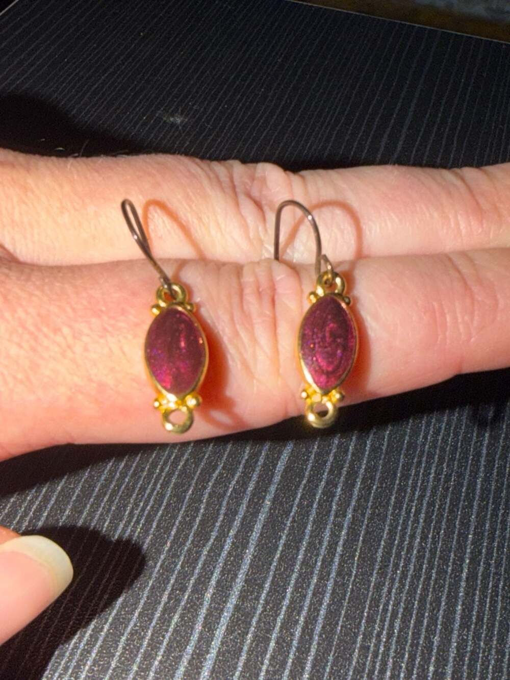Vintage Signed Hollycraft Gold Tone Marquise Purple Enamel Drop Earrings